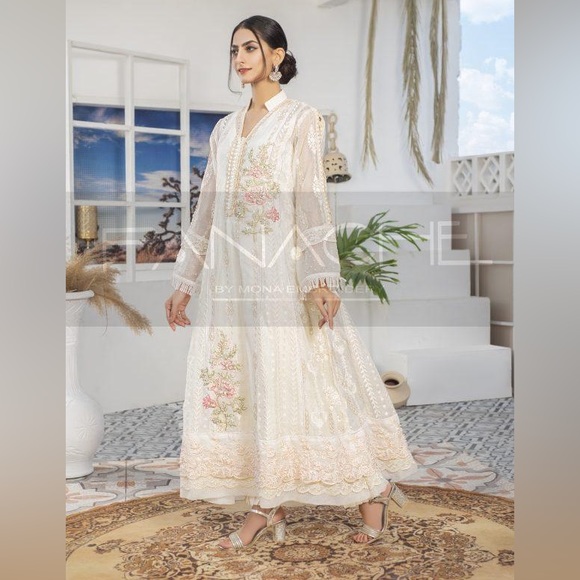 NEW WHITE PINK Anus Abrar panache kurta shalwar tulip pants Pakistani Indian - Picture 3 of 5